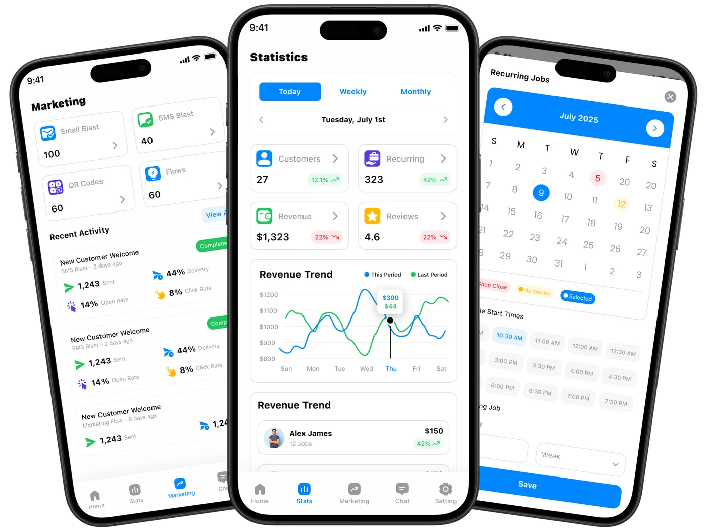 Refine CRM mobile app showing marketing, statistics and recurring job screens